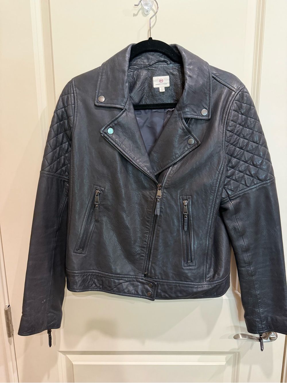AG Adriano Goldschmied Black Quilted Shoulder Leather Moto Jacket